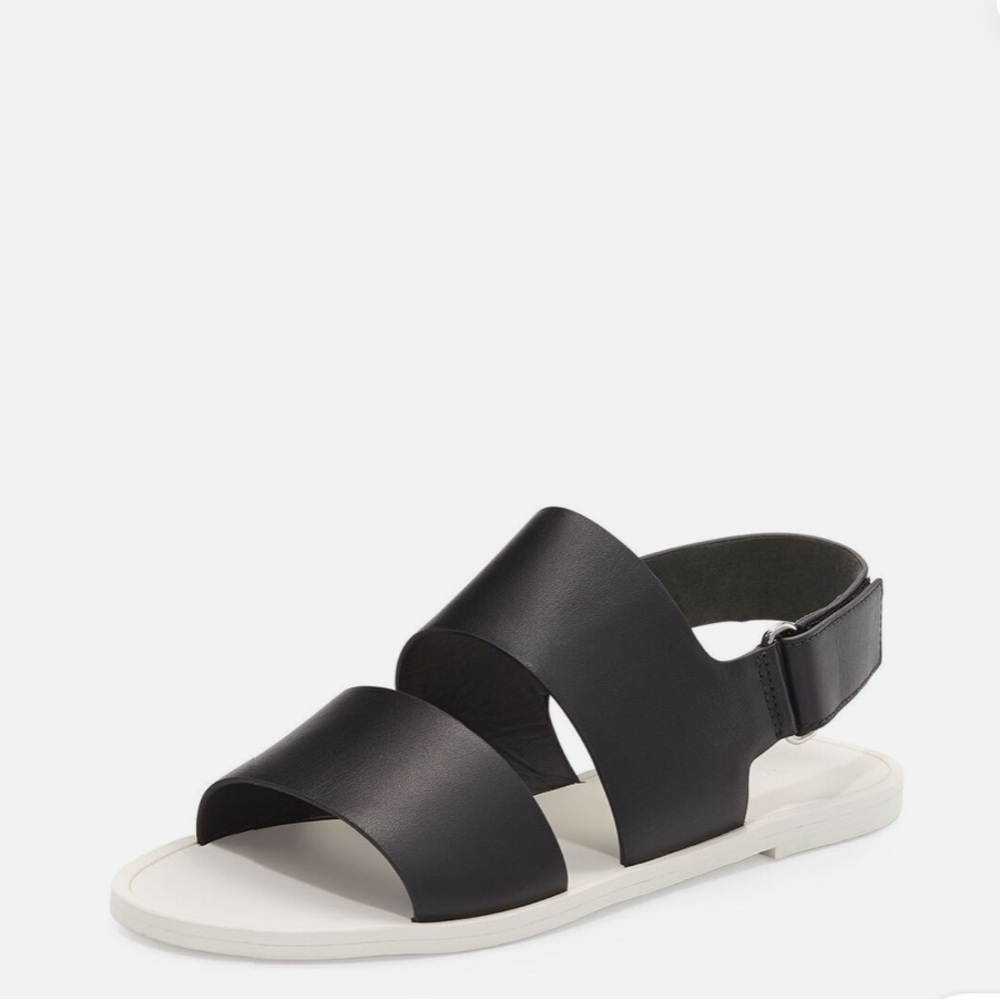 Vince Sorce Black Leather Double Strap Slingback Flat Sandals